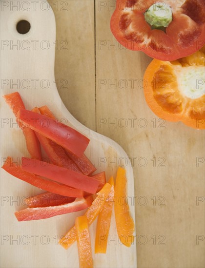 Chopped bell peppers on cutting board. Date : 2006