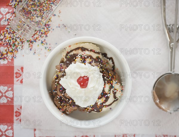 High angle view of ice cream sundae. Date : 2006