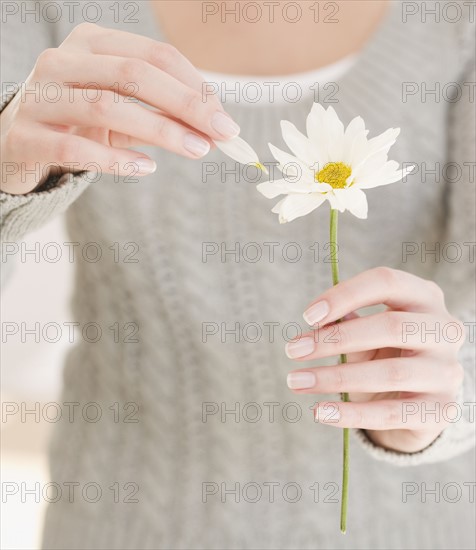 Woman pulling petal off flower. Date : 2007
