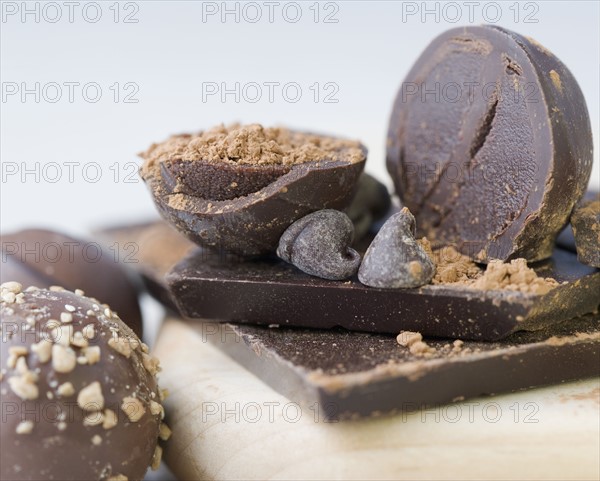 Closeup of chocolates on cutting board. Date : 2006