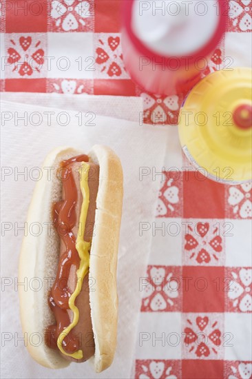 High angle view of hot dog with ketchup and mustard. Date : 2006