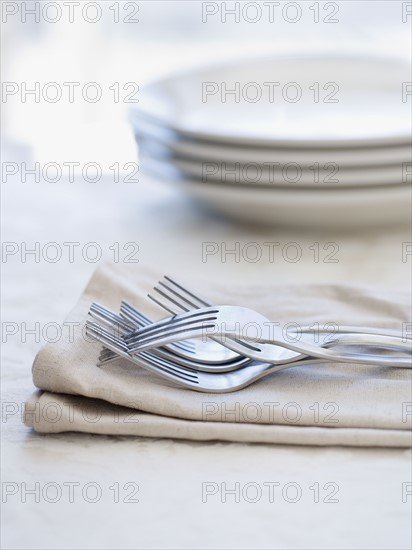 Close up of forks on napkin. Date : 2006