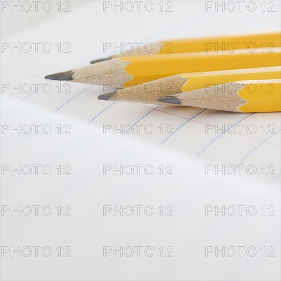 Close up of pencils on notebook. Date : 2006
