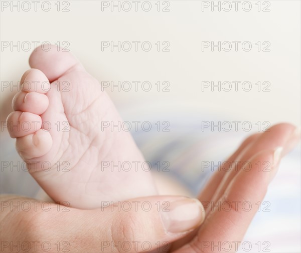 Close up of baby’s foot in mother’s hand. Date : 2006