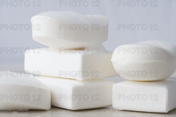 Stacks of white bars of soap. Date : 2006
