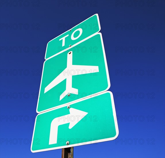 Low angle view of airport street sign. Date : 2007