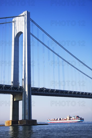 Verrazano Narrows Bridge under blue sky, New York City. Date : 2007