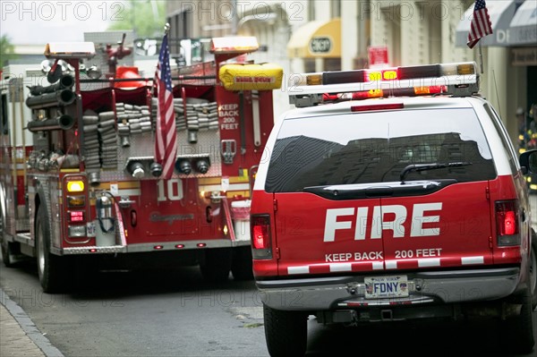 Fire trucks in urban area. Date : 2007