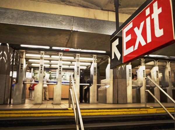 exit sign in New York City subway station. Date : 2007