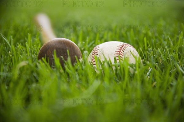 Bat and baseball laying on grass. Date : 2006