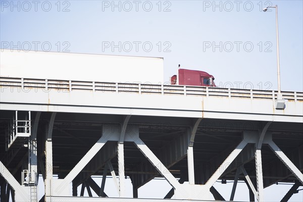 Low angle view of truck on bridge. Date : 2007