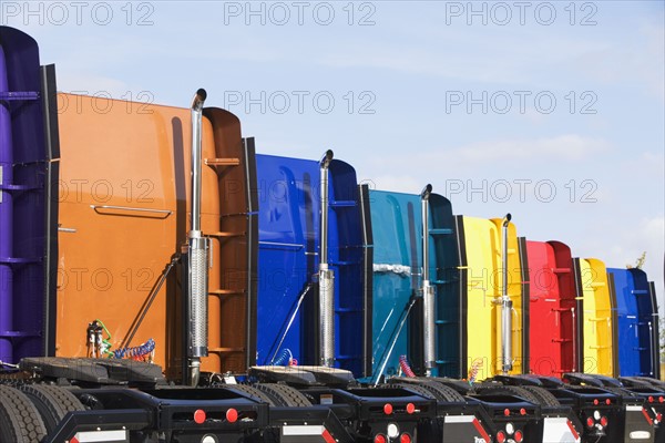 Rear view of row of tractor trailer cabs. Date : 2007