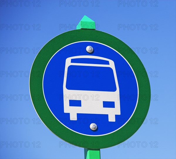 Low angle view of bus street sign. Date : 2007