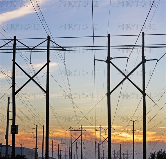 Electrical poles and wires at sunset. Date : 2007