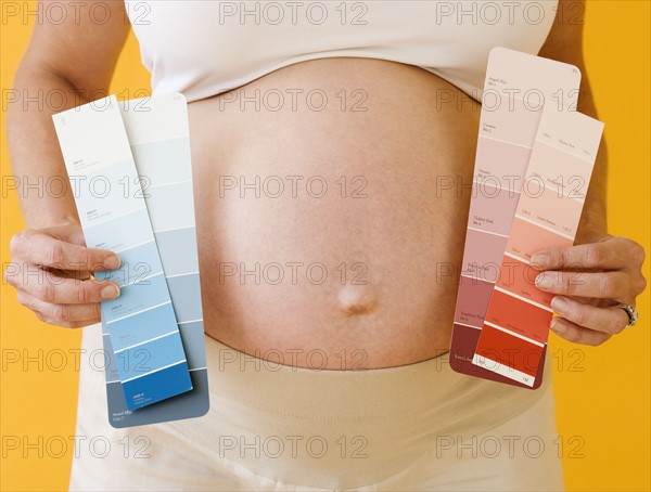 Pregnant woman holding paint swatches. Date : 2007
