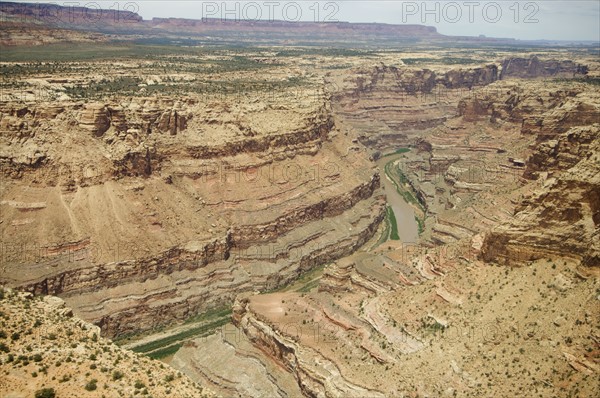 Aerial view of river in canyon, Colorado River, Canyonlands National Park, Moab, Utah, United States. Date : 2007