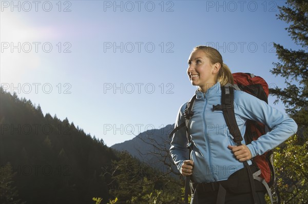 Female hiker looking to side, Utah, United States. Date : 2007