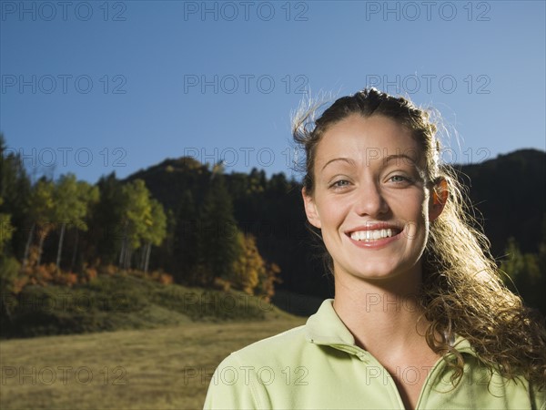 Woman with hair blowing outdoors, Utah, United States. Date : 2007