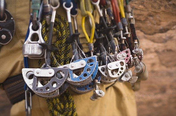 Close up of rock climbing gear. Date : 2007