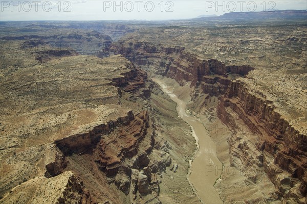 Aerial view of river in canyon, Colorado River, Canyonlands National Park, Moab, Utah, United States. Date : 2007