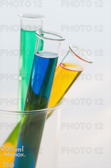 Multi-colored liquids in vials.