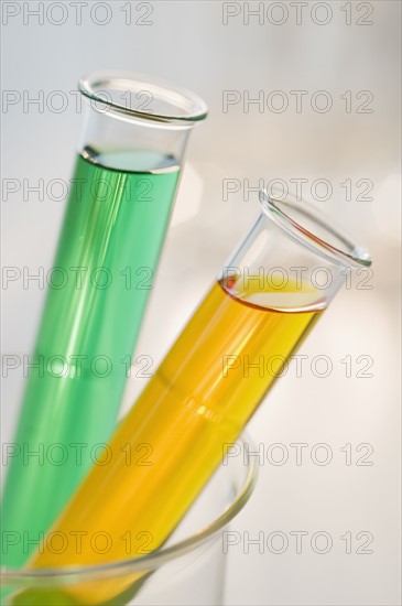 Multi-colored liquids in vials.