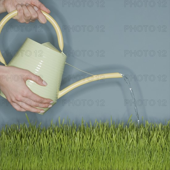 Woman water grass with watering can.