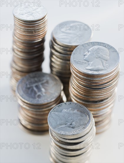 Close up of stacks of coins.