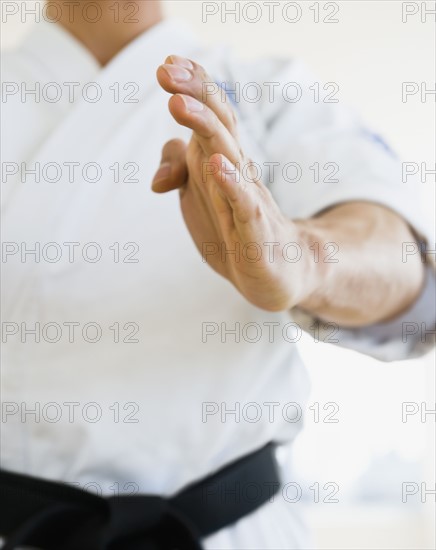 Male karate black belt in fighting stance.