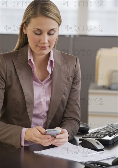 Businesswoman looking at electronic organizer.