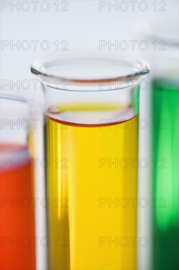 Multi-colored liquids in vials.