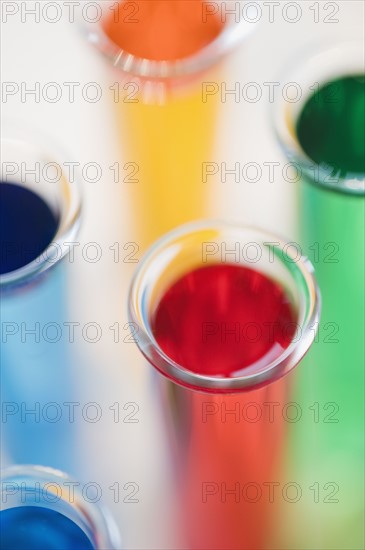 Multi-colored liquids in vials.