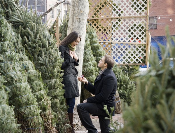 Man proposing to girlfriend on Christmas tree lot. Date : 2008