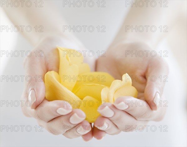 Woman holding handful of flower petals. Date : 2008