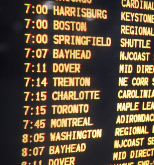 Close up of transportation time table, New York, United States. Date : 2008