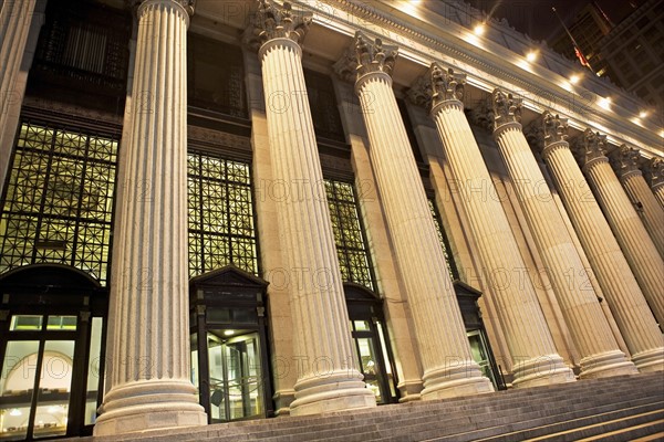 Low angle view of columned building, New York City, New York, United States. Date : 2008