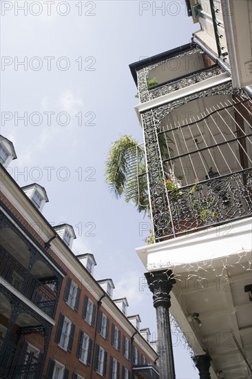 Low angle view of balcony in French Quarter, New Orleans, Louisiana, United States. Date : 2008