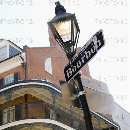 Low angle view of Bourbon Street sign, French Quarter, New Orleans, Louisiana, United States. Date : 2008