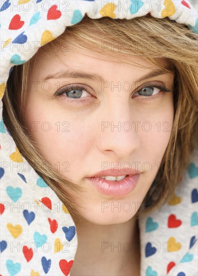 Close up of woman wearing hood. Date : 2008