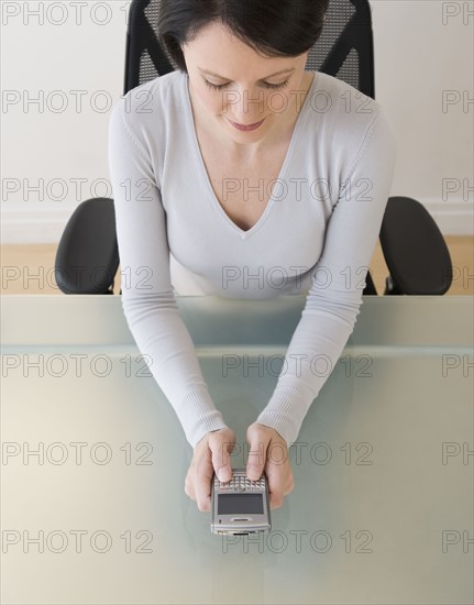 Businesswoman looking at electronic organizer.