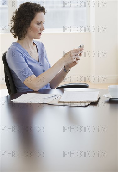 Businesswoman looking at electronic organizer.