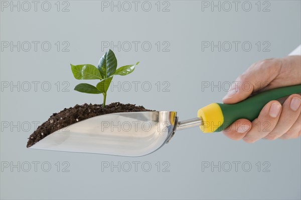 Man holding trowel with soil and plant.