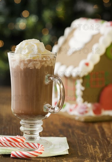 Hot chocolate with whipped cream next to gingerbread house. Date : 2008