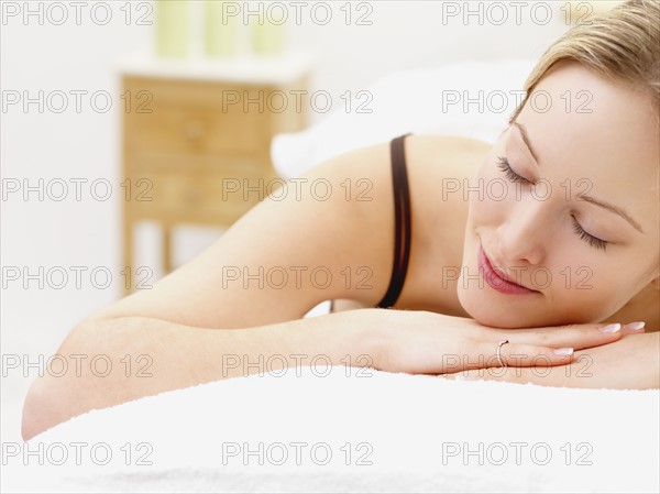 Woman laying on spa table. Date : 2008