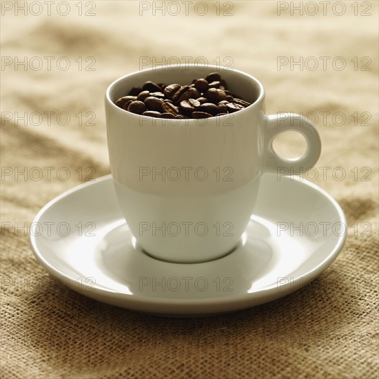 Mug filled with coffee beans. Date : 2008