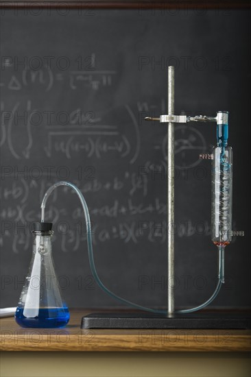 Science experiment in front of blackboard. Date : 2008