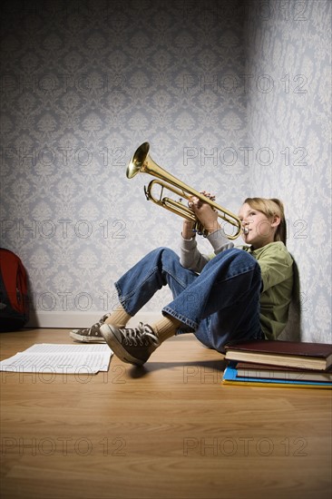 Boy playing trumpet. Date : 2008