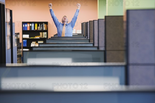 Businessman cheering in cubicle. Date : 2008