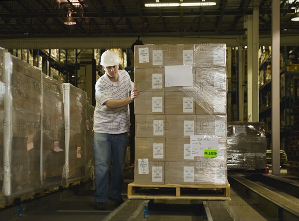 Warehouse worker pushing palette. Date : 2008