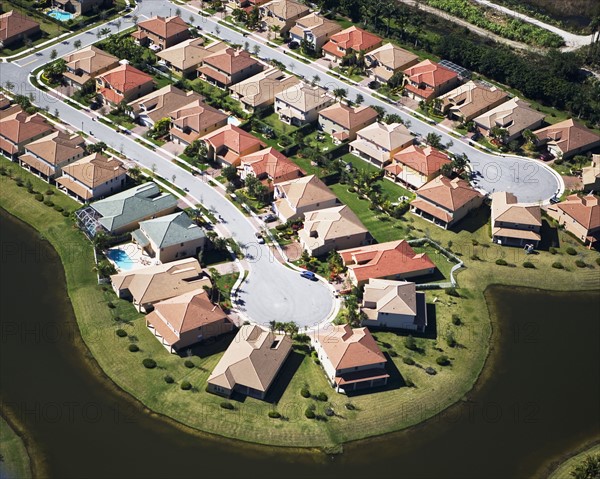 Aerial view of residential housing development. Date : 2008